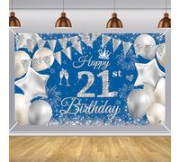 180*110cm Happy 21st Birthday Banner Boy Gril,Navy Blue Sliver 21st Birthday Decorations Backdrop Fabric 21st Birthday Sign Poster Birthday Photo Background for Her Him 21 Birthday Anniversary Party