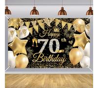 180 * 110cm Happy 70th Birthday Banner for Men and Women - Black Gold Decorations Backdrop Fabric Sign Poster Photo Background for Her Him Anniversary Party