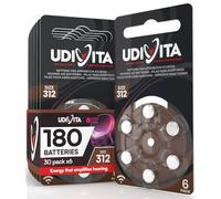 180 Batteries for Hearing Aids Udivita Size 312-30 Blister Packs with 6 Batteries