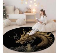 180 cm Round Area Rugs Living Room Animals Dragons The Great Wall Soft Fluffy Carpet Mat for Bedroom Circle Area Carpet Black, Non Slip Washable Floor Rug for Kitchen Floor Mat Home