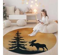 180 cm Round Area Rugs Living Room Silhouette Deer Pine Trees Soft Fluffy Carpet Mat for Bedroom Circle Area Carpet Yellow, Non Slip Washable Floor Rug for Kitchen Floor Mat Home