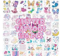 180 Pcs Glitter Temporary Tattoos for Girls - Butterfly, Mermaid, Unicorn, Fairy, Flowers - Individual Stickers for Kids - Fake Tattoos for Treat Bags School Party