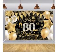 180 x 110cm Black Gold Birthday Banner - 80th Anniversary Decorations Backdrop Fabric Sign Poster Photo Background for Men Women Party