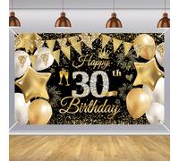 180 x 110cm Happy 30th Birthday Banner for Women and Men - Black Rose Decorations Backdrop Fabric Sign Poster Photo Background for Her Him Anniversary Party