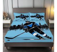 180 x 200 cm 100% Microfiber Bedding Sheets, Blue Easy Care Bed Sheets Simple Sports Hockey Player Pattern with 2 Pillowcases, Super King Size Fitted Sheet - 30 cm Deep Pocket