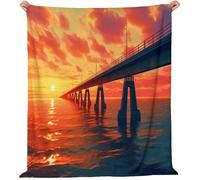 180 x 200 cm Printed Blanket - Soft Fleece Flannel Throw Blanket Lightweight Cute Comfy Warm Architectural Landscape Seven Mile Bridge Sunset Blankets for Couch Sofa Bed Office, Orange-Yellow