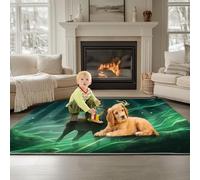 180 x 240 cm Rectangular Area Rug - Magic Forest Deer Lines, Green Short Pile Carpet, Machine Washable & Non-Slip Area Rug for Bedroom Living Room Dining Room Study Room Decor