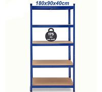 180 x 90 x 40 cm 5-Tier Garage Shelving Unit - Metal Racking, Steel & MDF Boltless Shelves Metal Shelving Unit Heavy Duty 175kg Capacity Per Shelf, Blue