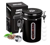 1800ML Coffee Canister with Window, Airtight Stainless Steel Kitchen Food Storage Container, Date Tracker and Scoop for Grounds Coffee Bar Accessories, Beans, Tea, Flour, Cereal, Sugar, 22OZ, Black
