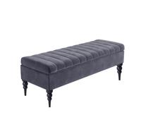 180Cm Sierra Striped Ottoman Storage Bench With Black Turned Wooden Legs - Steel Grey Plush Velvet Upholstered Shoes Bench