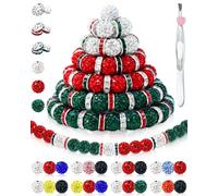 180PCS FIVEIZERO Rhinestone Beads for Baseball Necklace Bracelets Jewelry Making, 10mm Sparkly Round Crystal Clay Beads Rhinestone Spacers for Bracelets and DIY Crafts(Green Red White)