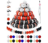 180PCS FIVEIZERO Rhinestone Beads for Baseball Necklace Bracelets Jewelry Making, 10mm Sparkly Round Crystal Clay Beads Rhinestone Spacers for Bracelets and DIY Crafts(Black White Orange)