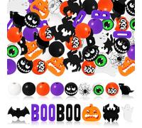 180Pcs Halloween Wood Beads, Black Orange Purple Round Loose Beads Bat Pumpkin Ghost Wooden Bead Halloween Craft Wooden Bead Bulk for Trick or Treat Party DIY Garland Jewelry Making Home Decor