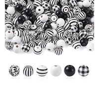 180Pcs Large Hole Round Wood Beads 16mm 6 Styles Natural Wooden Loose Spacer Beads Black White European Beads with Stripe Patten for Jewellery Making