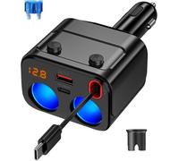 180W Retractable Car Charger Cigarette Lighter Splitter, 5 in 1 USB C Fast Car Charger with Retractable Cable, 2 USB Ports, 2-Plug 120W Max Cigarette Lighter with Separate Switch LED Voltmeter