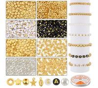 1820Pcs Beads Making Kit 700 Gold Round Spacer Beads Loose Ball Beads 600 Alphabet Bead 200 Star Bead 300 White Pearl 20 Starfish Shell Pendant with Elastic String for Bracelet Jewelry Craft(Gold)