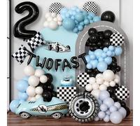 185 Pcs Two Fast Birthday Decorations for Boys, Blue Black Race Car Balloon Arch Kit with 3D Racing Car,Number 2, Two Fast, Tire, Flag, Checkered Foil Balloons for 2nd Cars Birthday Decorations