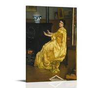 1857 Realism Wall Art Dans L'atelier; Le Repos Du Modèle by Alfred Stevens - Classic Studio Scene with Woman in Yellow Gown Resting Canvas Wall Art Prints Photo Picture Paintings Room Decor Home Deco