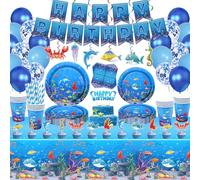 186 Pack Under the Sea Party Supplies Ocean Sea Party Tableware Set - Plates Cups Napkins Tablecloth Banner Balloons Cake Toppers for Underwater World Summer Beach Birthday Party Decorations Serves 20