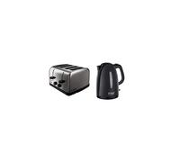 18790 Futura 4-Slice Toaster, 1500 W, Stainless Steel Silver, Four Slice & Textures Plastic Kettle 21271, 1.7 L, 3000 W - Black