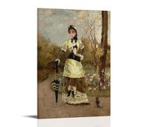 1880 La Parisienne by Alfred Stevens - Impressionist Art Print Featuring Victorian Woman, Umbrella And Small Dog in Garden Landscape Room Aesthetic Print Art Wall Painting Canvas Modern Bedroom Decor