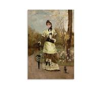 1880 La Parisienne by Alfred Stevens - Impressionist Art Print Featuring Victorian Woman, Umbrella And Small Dog in Garden Landscape Art Print Wall Photo Paint Hanging Picture Family Bedroom Decor Gif
