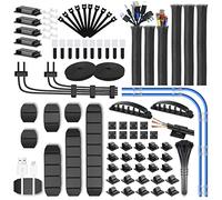 188Pcs Cable Management Kit with 60 Cable Clip Holders,6 Cable Sleeves,2 Self Adhesive Rolls,20 Fastening Tapes and 100 Self-Locking Cable Ties,Cable Tidy Kit for Desk,Car and Office
