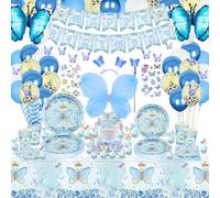 189 PCS Butterfly Party Decorations - Blue Butterfly Balloons, Banner, Cake Topper, Fairy Wing, Tattoo, Stickers, Plates, Napkins, Cups, and Tablecloth for Girl Birthday Supplies, Serve 20 Guests