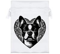 18cm 'Boston Terrier Love Heart' Satin Drawstring Bag/Pouch (SB00123522)