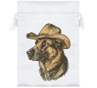 18cm 'German Shepherd Wearing Cowboy Hat' Satin Drawstring Bag/Pouch (SB00123666)