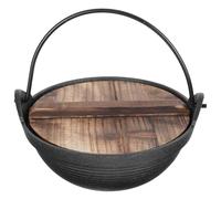 18cm Iron Hot Pot with Wooden Lid for Outdoor Campfire Cooking | Japanese Style, Black Finish, Even Heat Retention, Non Stick Surface, for Noodles and Tripod Use