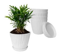 18cm Plant Pots, 5 Pack Plastic Flower Pots with Drainage Holes and Saucer, Decorative Water Stripe Grooves Planters for Indoor Outdoor Plants and Flowers, Modern Decorative Planter Pot for Plants