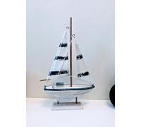 18cm Tall Rustic White and BlueSailing Boat Model|Coastal Decor for Shelves,Tables, and Mantelpieces Wooden Sculpture| Sailboat Ornament|Vintage look Sailing Ship Model |Fully Assembled|Gift Idea
