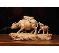 18cm Wooden Statue of a Shepherd boy Riding an ox, exuding an air of Vigor. It is a Home feng Shui and Office Desk Decoration Made of Genuine Small-Leaf Boxwood