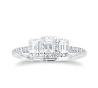 18ct White Gold 0.75cttw Diamond Emerald Halo 3 Stone Engagement Ring - Ring Size L