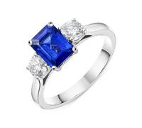 18ct White Gold 1.39ct Sapphire 0.66ct Diamond Emerald Cut Trilogy Ring FEU-1996