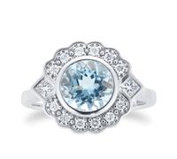 18ct White Gold Art Deco Aquamarine & Diamond Cluster Ring - Ring Size Z