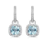 18ct White Gold Mini Cushion Blue Topaz & 0.32ct Diamond Drop Earrings