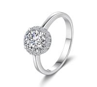 18ct White Gold Ring, Small Engagement Ring 4 Prongs Round with 1ct Moissanite Au750 Silver Band Size V 1/2