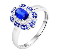 18ct White Gold Ring, Woman Ring Lab Created Sapphire 0.737ct Flower White Gold Band with Moissanite for Valentine's Day Size N 1/2