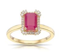 18ct Yellow Gold 0.10ct Diamond & Ruby Emerald Shaped Halo Ring