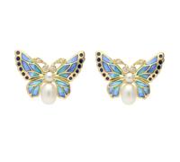 18ct Yellow Gold Diamond Pearl Enamel Style & Fashion Butterfly Stud Earrings - Yellow Gold CHS-053