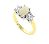 18ct Yellow Gold Oval Opal & 0.72ct Diamond 3 Stone Ring - Ring Size M