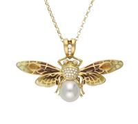 18ct Yellow Gold Pearl Diamond Enamel Style & Fashion Moth Necklace CHS-073