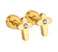 18G Cross CZ Screw Flat Back Tiny Small Stud Earrings for Women Men Gold-tone Simple Surgical Steel Cartilage Piercing Sleeper Little Studs Fashion Trendy Jewelry