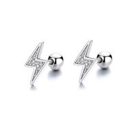 18G Lightning Bolt Cartilage Stud Earrings - 925 Sterling Silver & Cubic Zirconia | Helix, Tragus, Conch Daith Piercing | Screw Back Ball Closure | Dainty Ear Jewellery Gift for Women Girls (Silver)