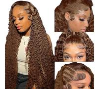 18Inch Light Brown Deep Wave Human Hair Wig 13x4 Lace Front Wigs Human Hair 100% Real Hair Wigs for Women 200% Density Pre Plucked with Baby Hair Natural Hairline