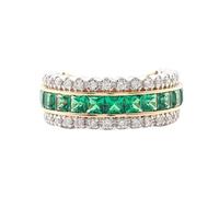 18K Gold Band Ring Woman, Friendship Rings for Women Elegant with Green Princess Shape Created Emerald Size R 1/2