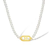 18K Gold Beaded Necklace Freshwater Pearl AU750 Golden Geometric Pendant
