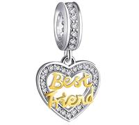 18K Gold Best Friend Dangle Charms fit Pandora Friendship Bracelet, 925 Sterling Silver Heart BFF Pendant Pave Birthstone CZ Beads, Birthday Gifts for Boyfriend/Girlfriend